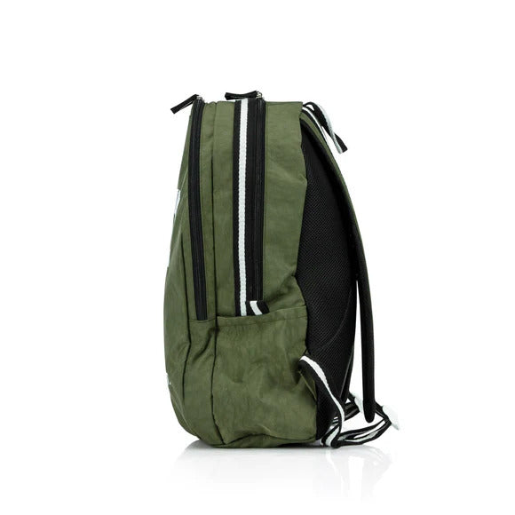 Green backpack with black and white accents on a white background