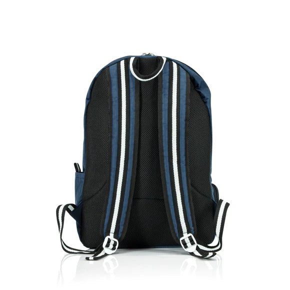 Black backpack with blue and white straps on a white background