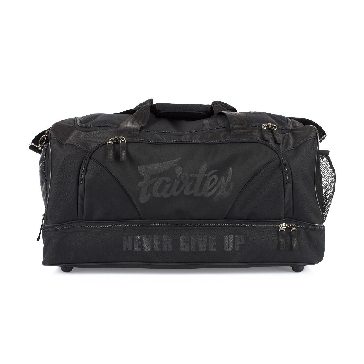 Black duffel bag with 'Never Give Up' text on a white background