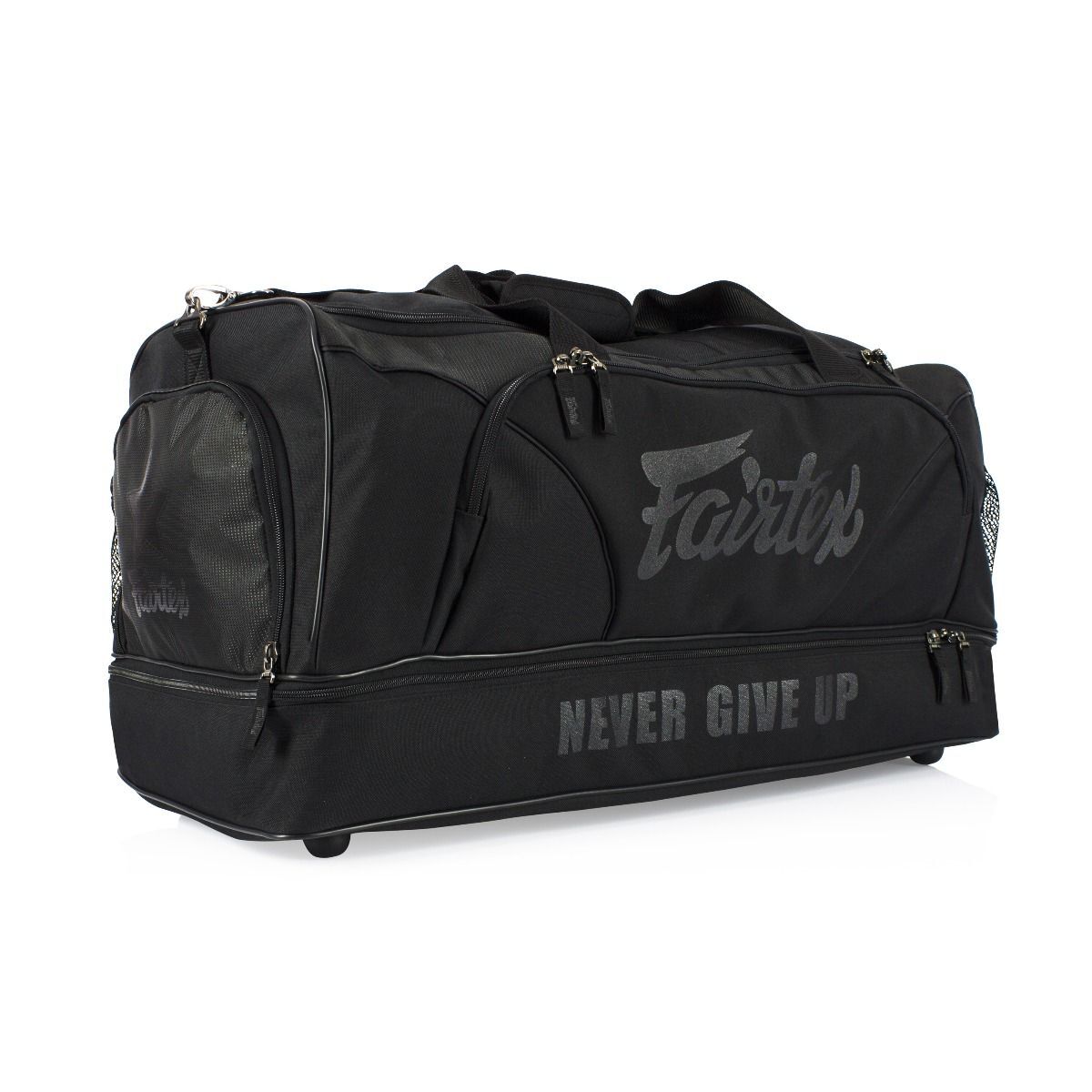 Black duffel bag with 'Fairtex' branding and 'Never Give Up' text on a white background