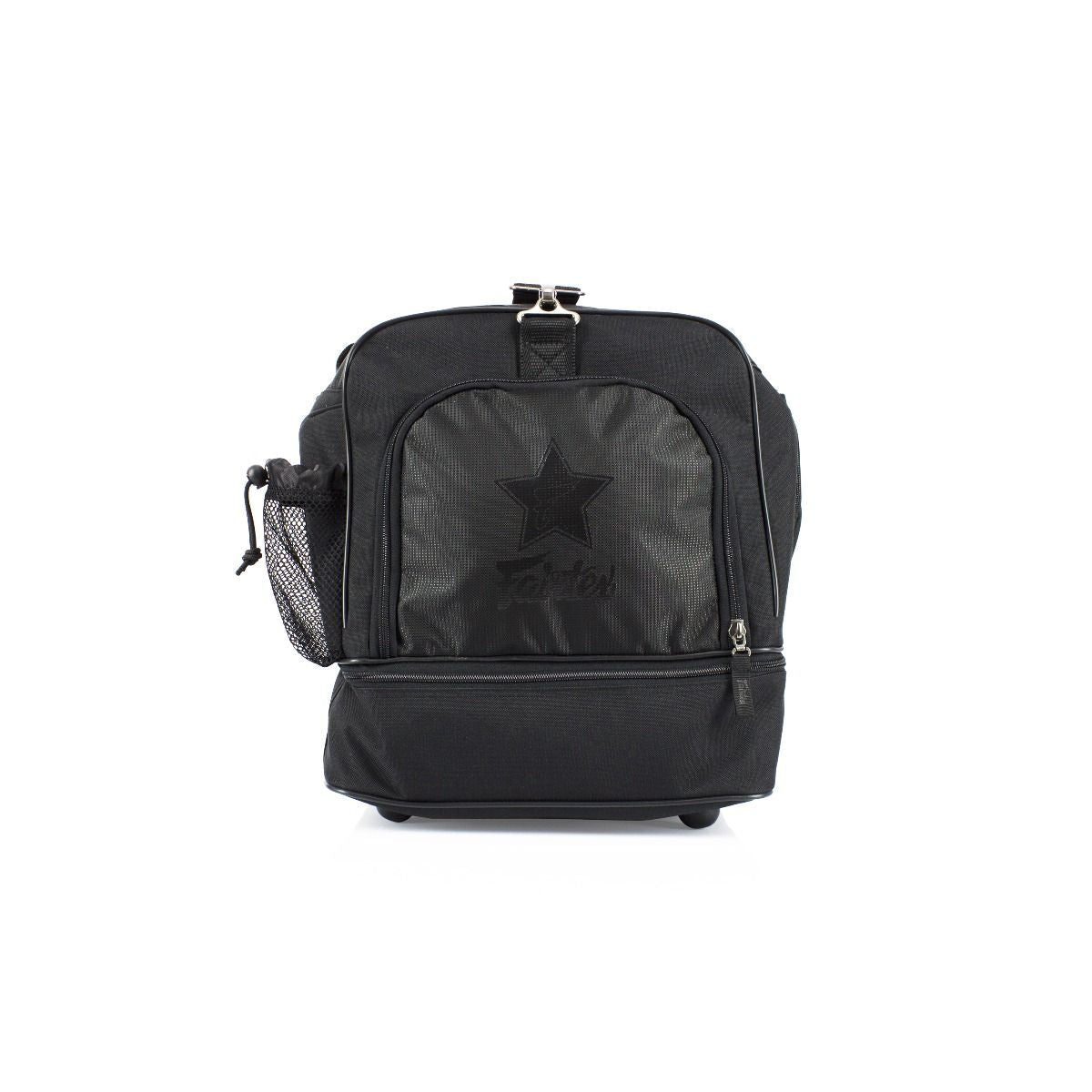 Black backpack with a visible brand logo on a white background