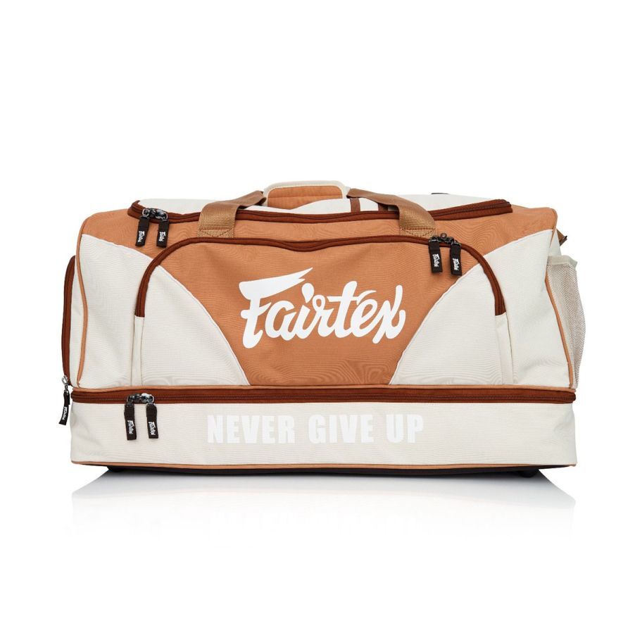 Brown and white duffel bag with Fairtex logo and 'Never Give Up' text on a white background