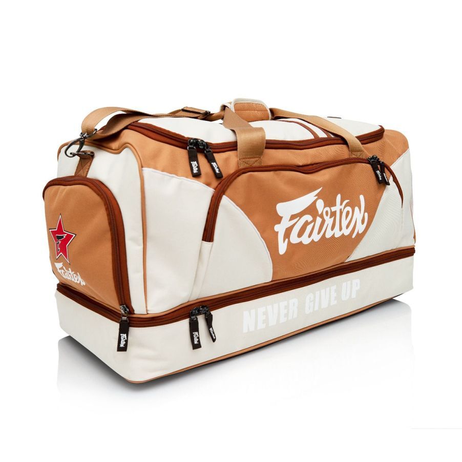 Brown and white sports bag with 'Fairtex' branding on a white background