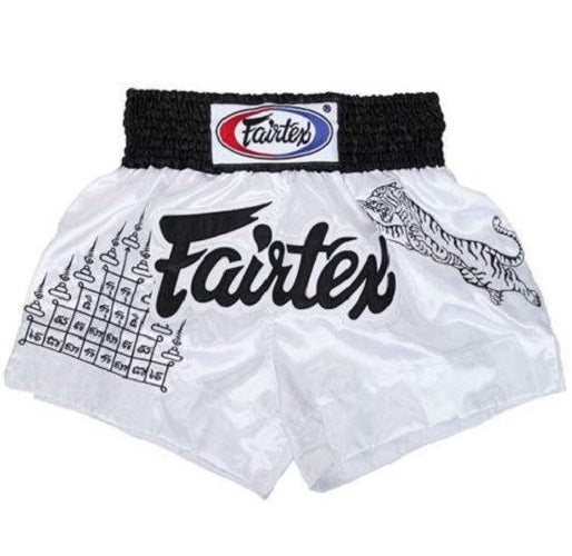 White Muay Thai shorts with black Fairtex logo on a white background