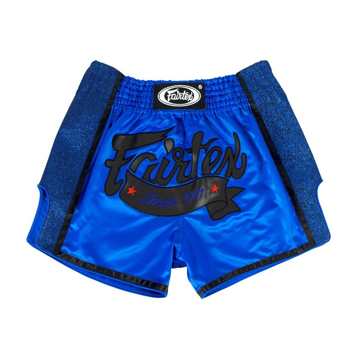 Blue Muay Thai shorts with 'Fairtex' branding on a white background