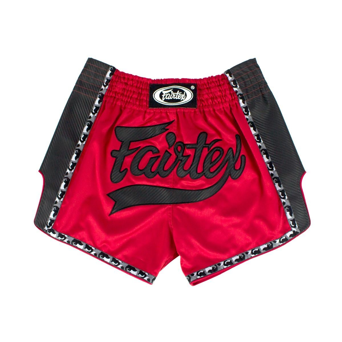 Red Muay Thai shorts with black trim and Fairtex logo on a white background