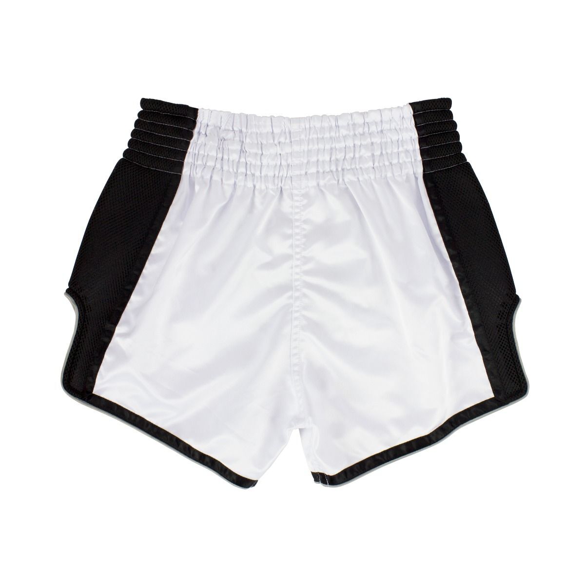 White Muay Thai shorts with black accents on a white background