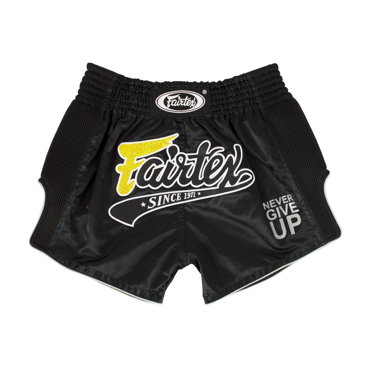 Black Muay Thai shorts with Fairtex logo and 'Never Give Up' text on a white background