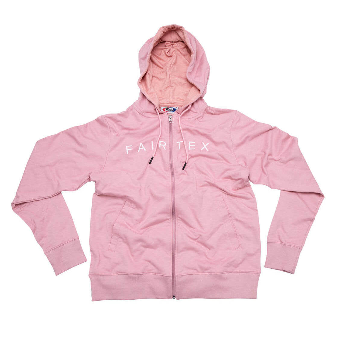 Pink hoodie with 'FAIRTEX' text on a white background