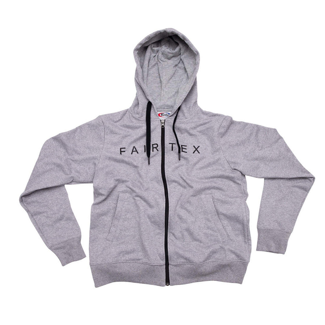 Gray hoodie with Fairtex logo on a white background