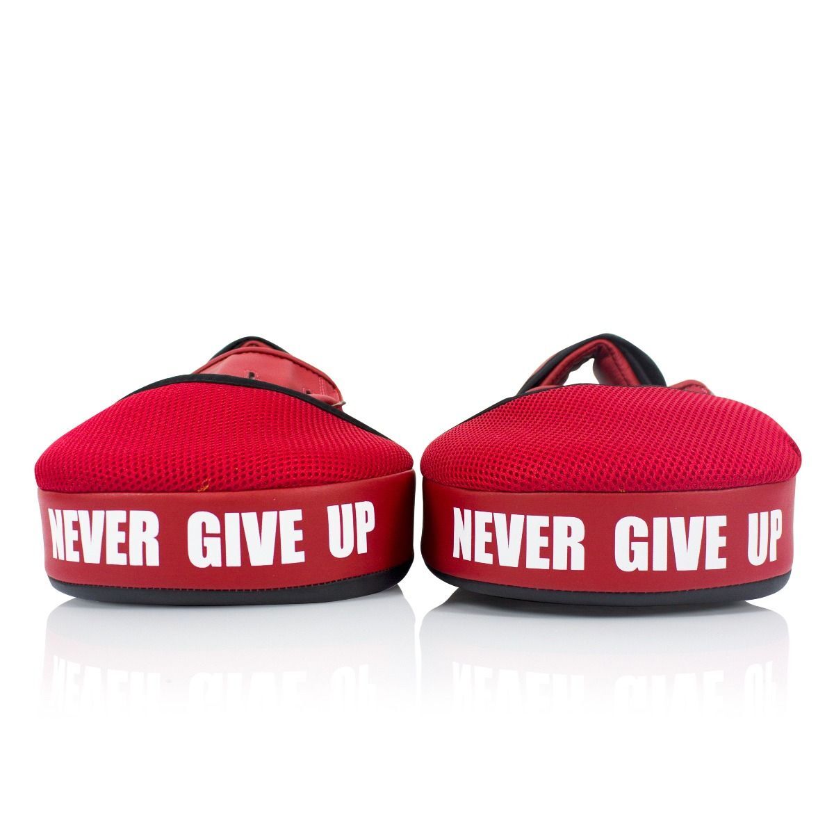 Red Thai pads with 'Never Give Up' text on a white background