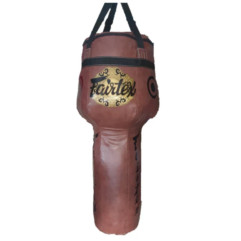 Brown punching bag with 'Fairtex' branding on a white background