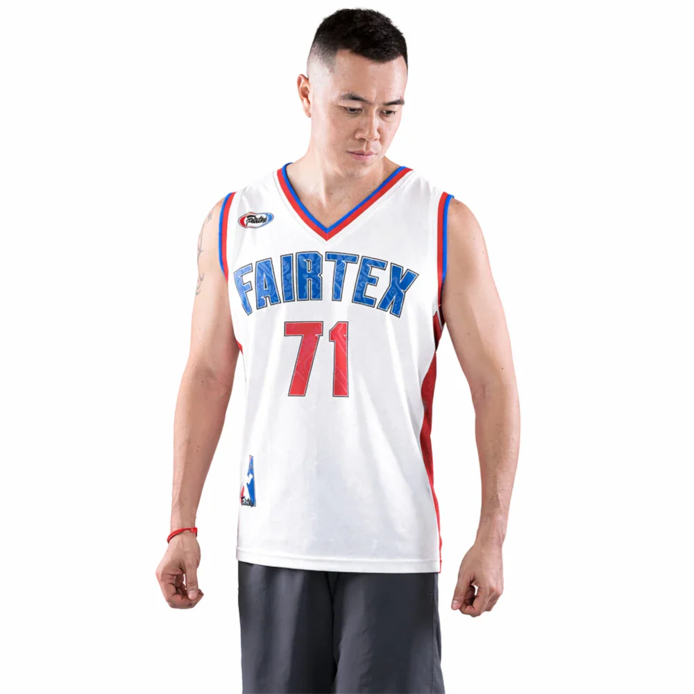 male wearing a white Fairtex basketball jersey with blue and red accents on a white background