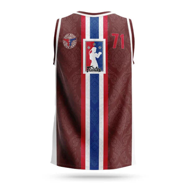 Basketball jersey with red, white, and blue design on a white background