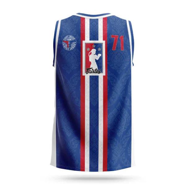 Blue basketball jersey with red and white stripes on a white background