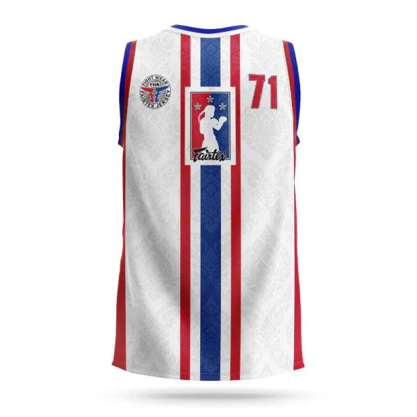 Fairtex basketball jersey with red, white, and blue design on a white background