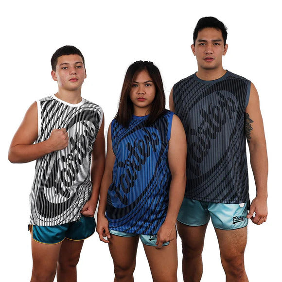 Three models wearing sleeveless shirts and shorts with a Fairtex logo on a white background