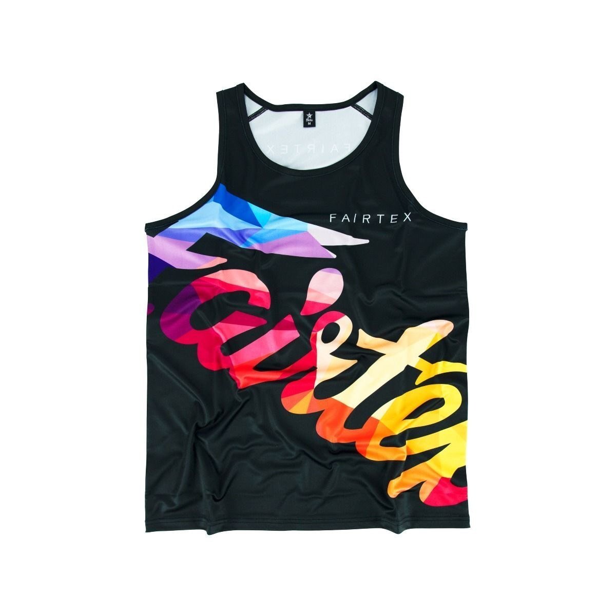 Black tank top with colorful 'Fairtex' branding on a white background