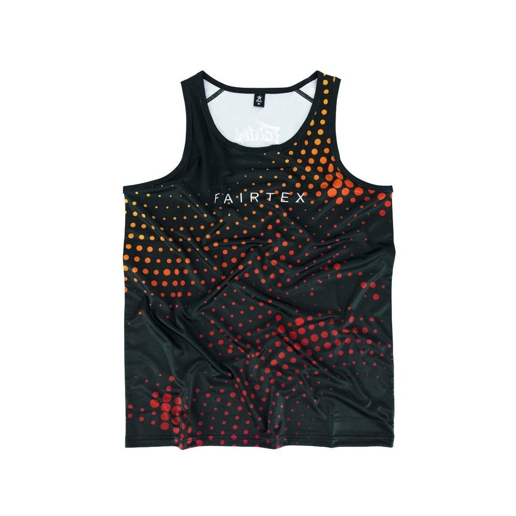 Black tank top with red and orange pattern and Fairtex branding on a white background