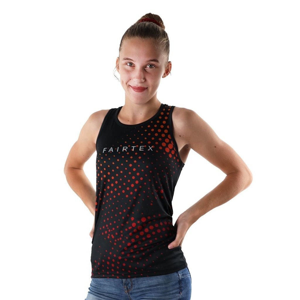 Woman wearing a black tank top with red patterns and Fairtex logo on a white background