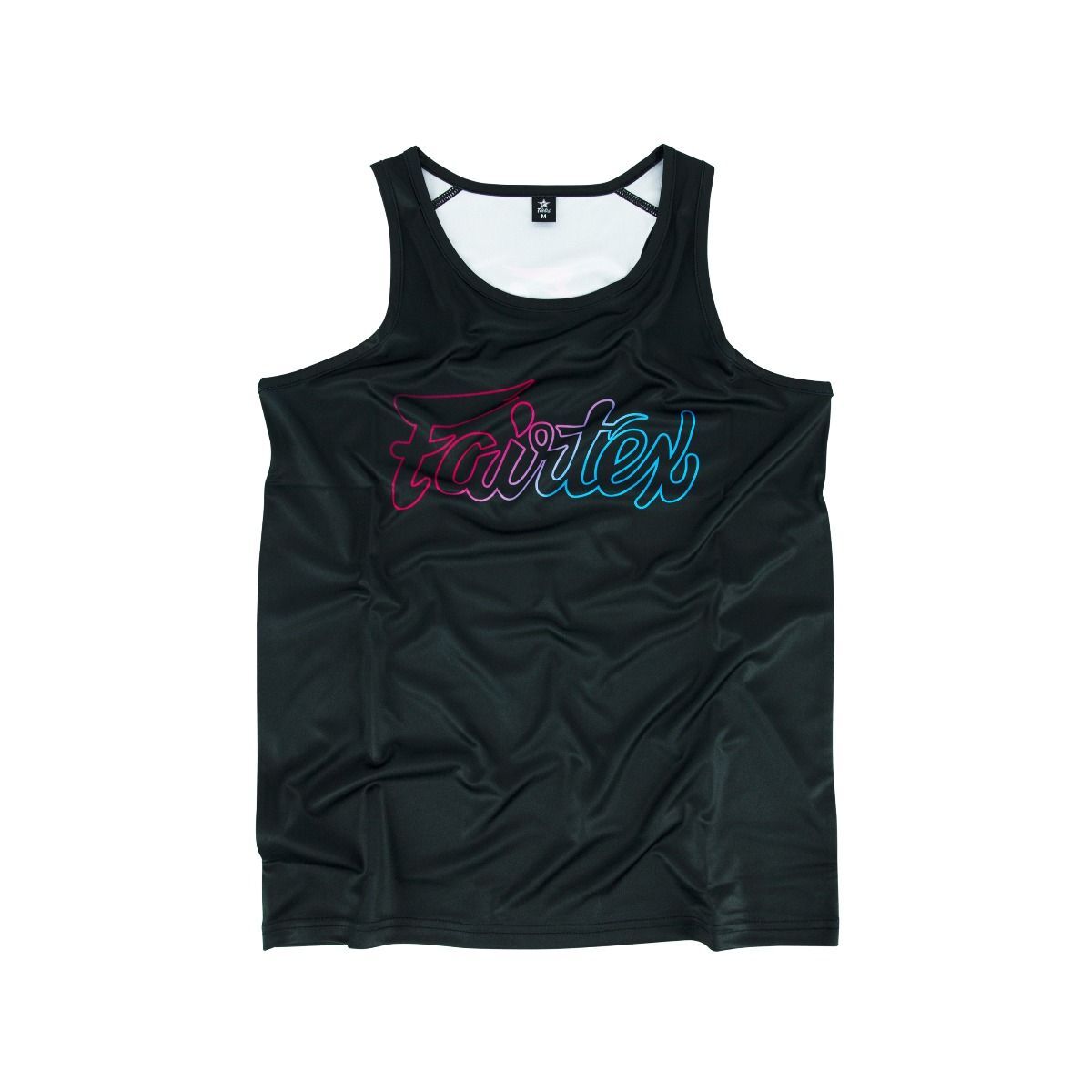 Black tank top with colorful text on a white background