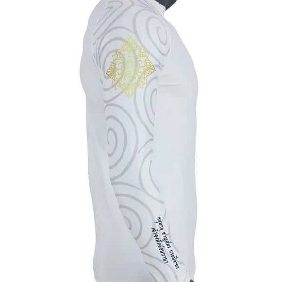 White rash guard with gold floral design on a white background