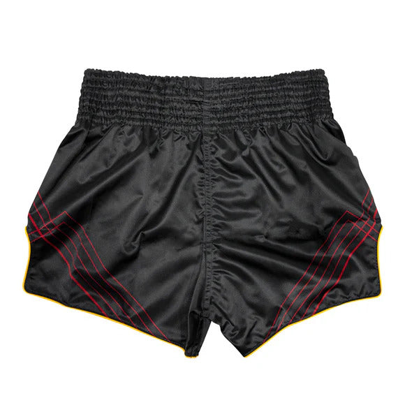 Black Muay Thai shorts with red stitching on a white background