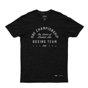 Black t-shirt with white text on a white background