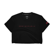 Black t-shirt with 'UNSTOPPABLE' text on a white background