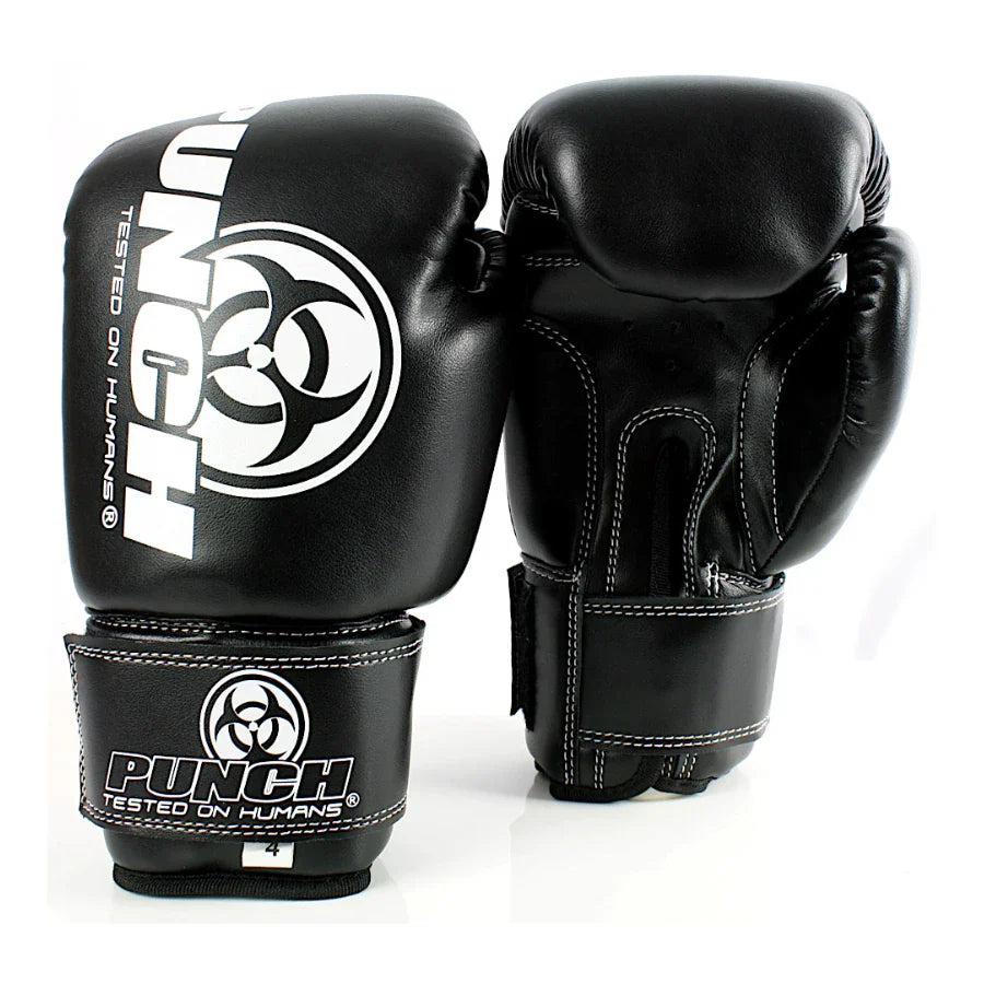 Black boxing gloves with 'Punch' branding on a white background