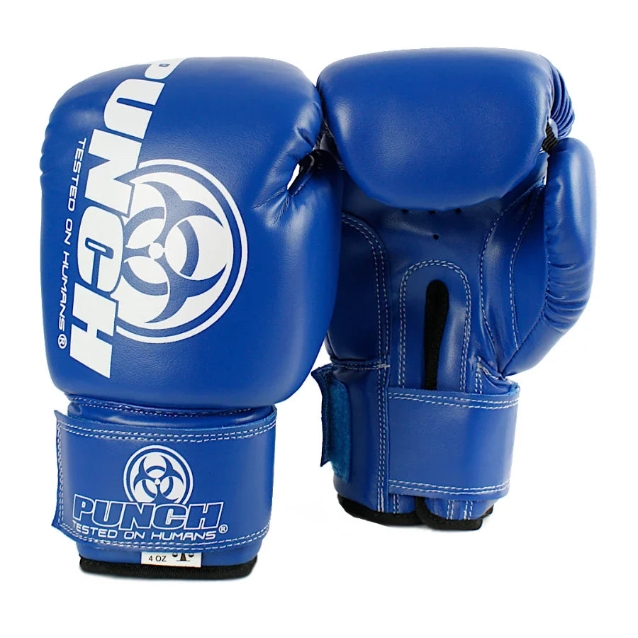Blue boxing gloves with 'Punch' branding on a white background