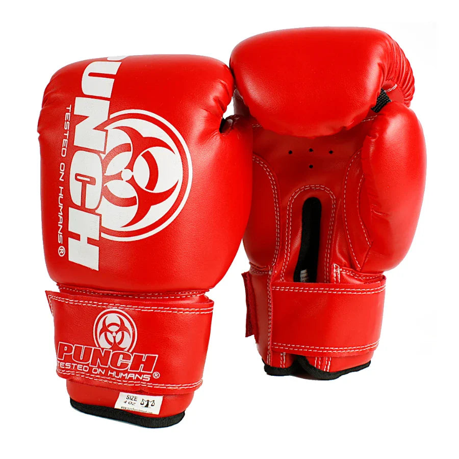 Red boxing gloves with a brand logo on a white background