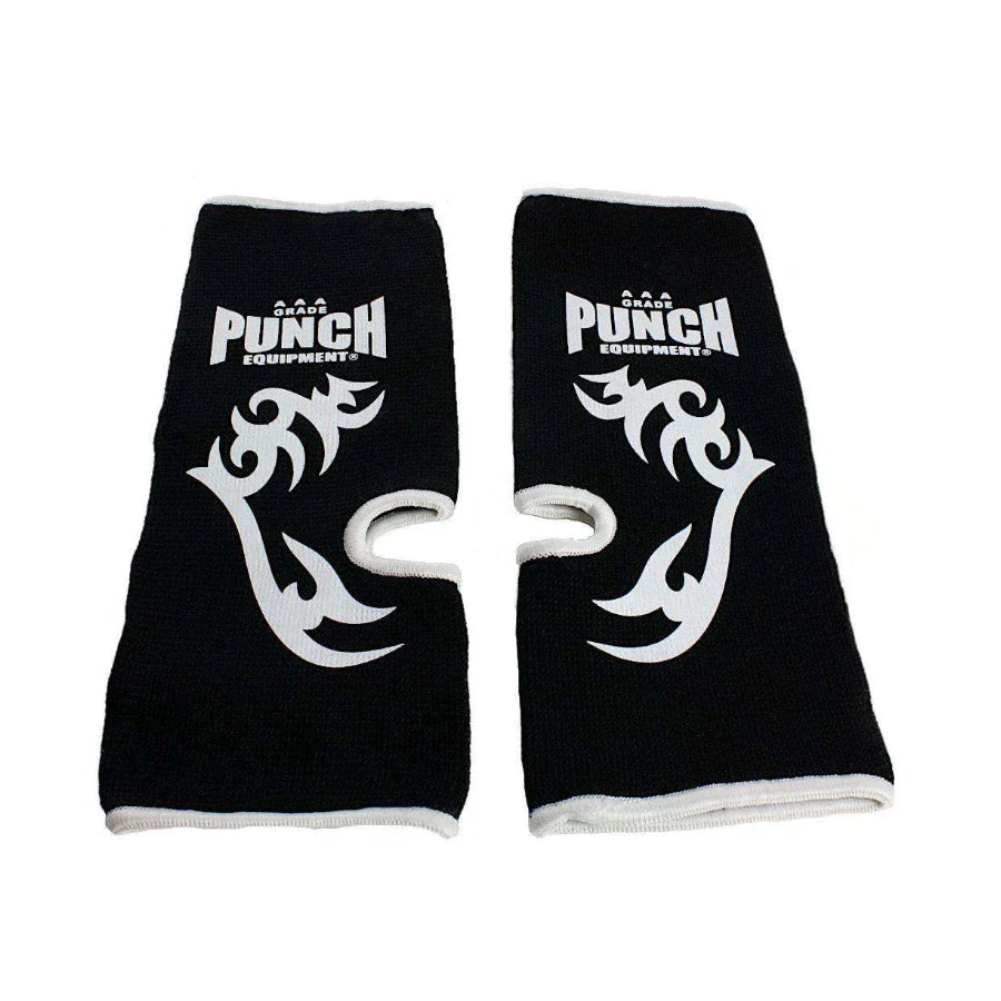 Black ankle guards with white tribal designs and 'Punch Equipment' branding on a white background