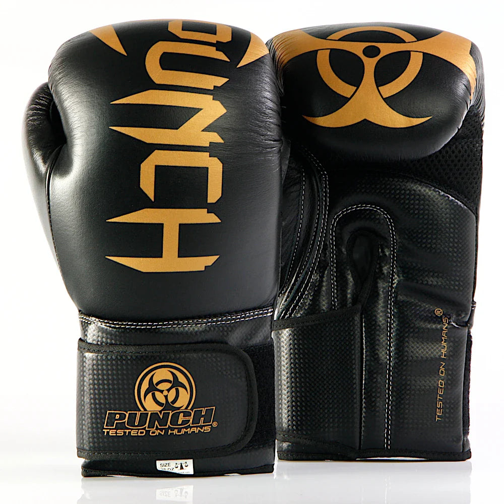 Black boxing gloves with gold logos and text on a white background