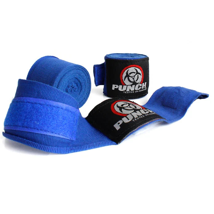 Blue boxing hand wraps with Punch brand logo on a white background