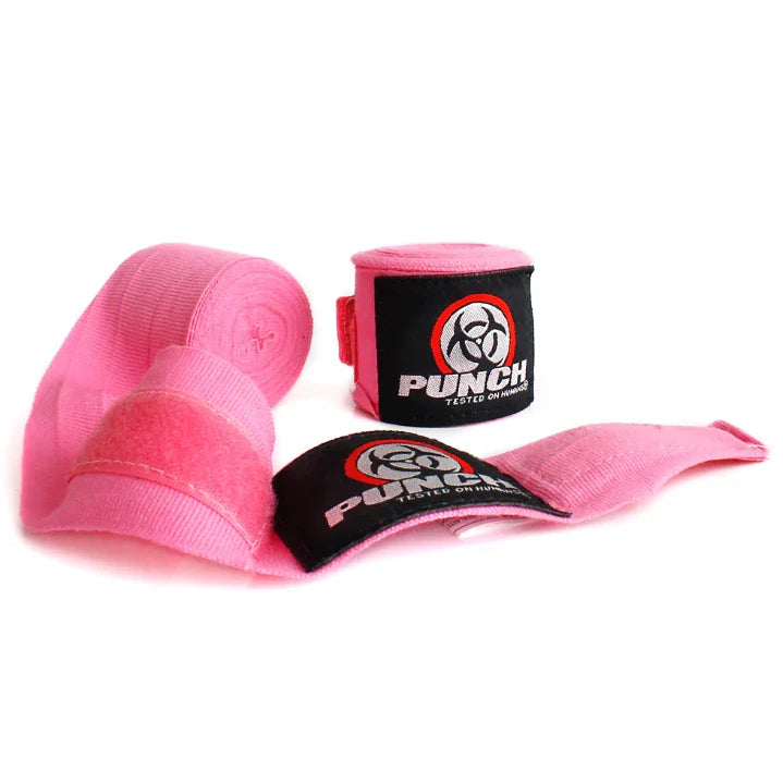 Pink boxing hand wraps with Punch brand logo on a white background