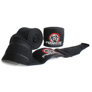 Black boxing hand wraps with Punch brand logo on a white background