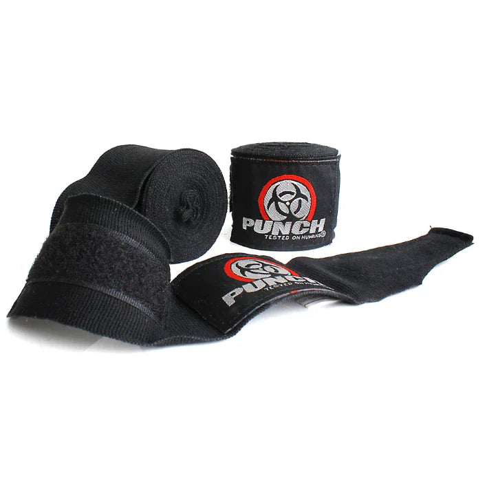 Black boxing hand wraps with Punch brand logo on a white background