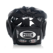 Black boxing headgear with visible branding on a white background