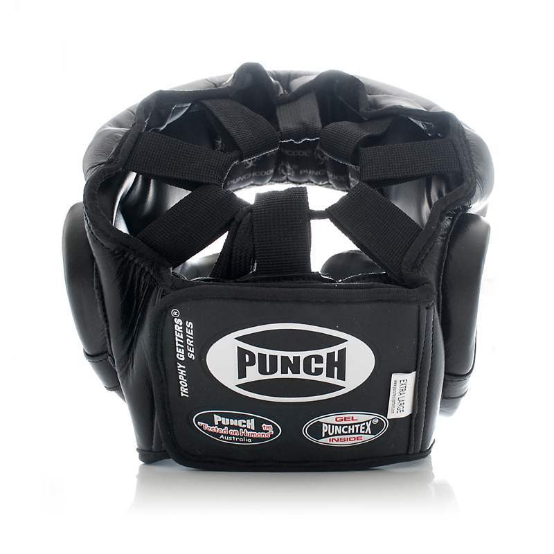 Black boxing headgear with visible branding on a white background