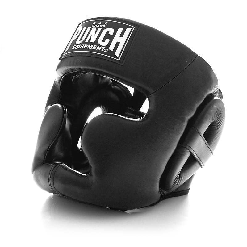 Black boxing headgear with 'Punch' branding on a white background