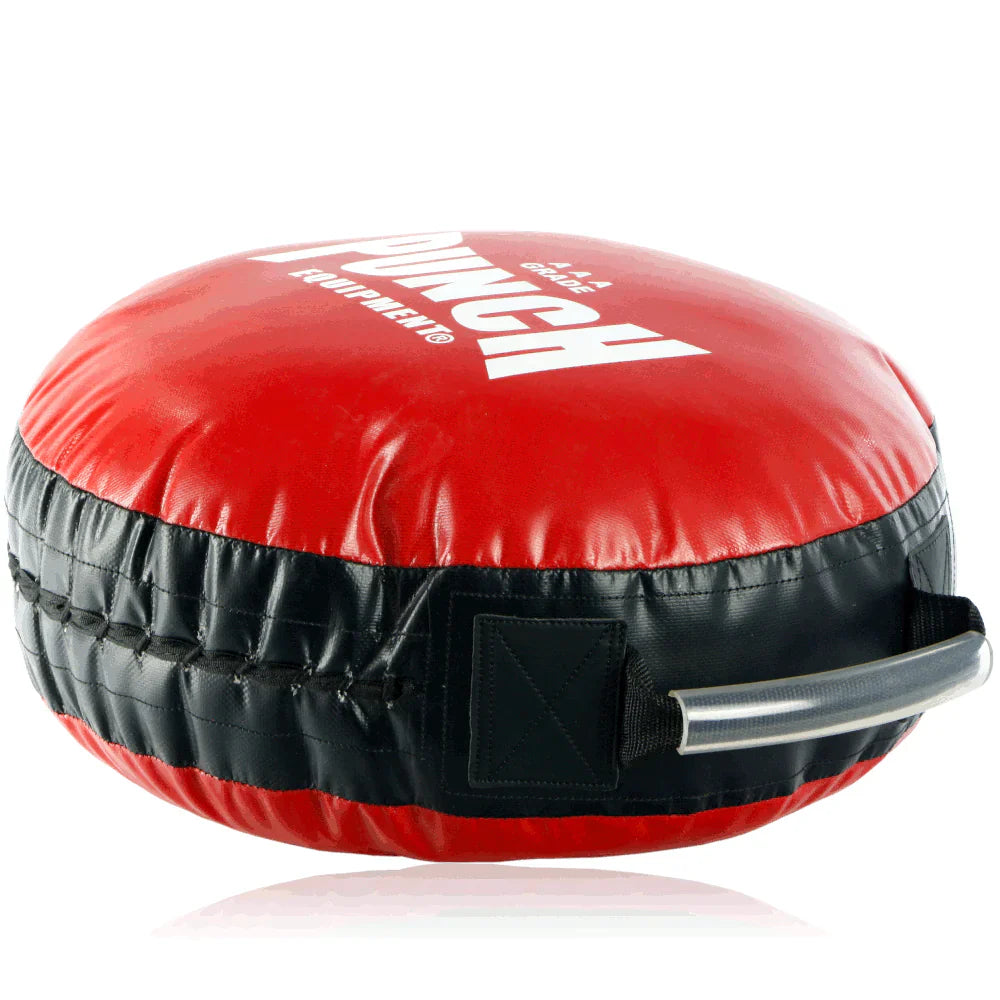 Red and black round punch shield with Punch Equipment branding