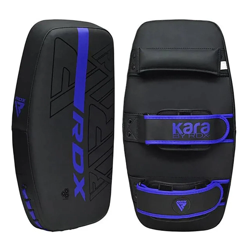 Black and blue Kara by RDX Muay Thai pads on a white background
