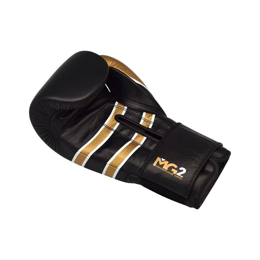 Black boxing glove with gold accents and MG2 logo on a white background