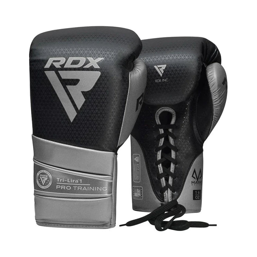 Black and gray boxing gloves with RDX logo on a white background