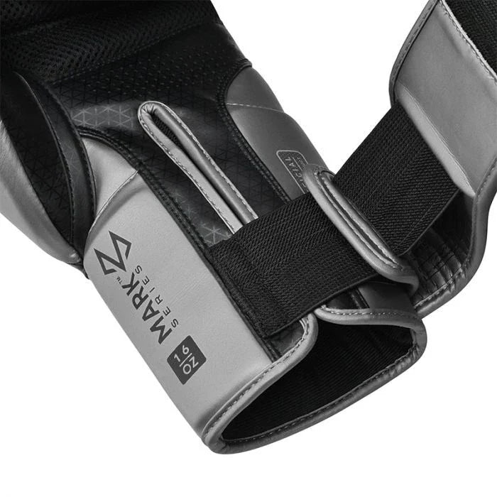 Black and gray boxing glove wrist strap with RDX brand logo on a white background