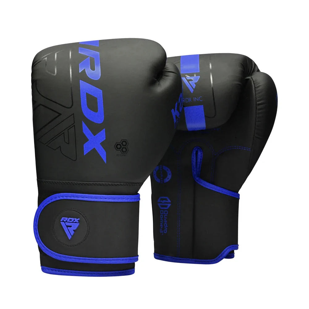 Black boxing gloves with blue accents and RDX branding on a white background