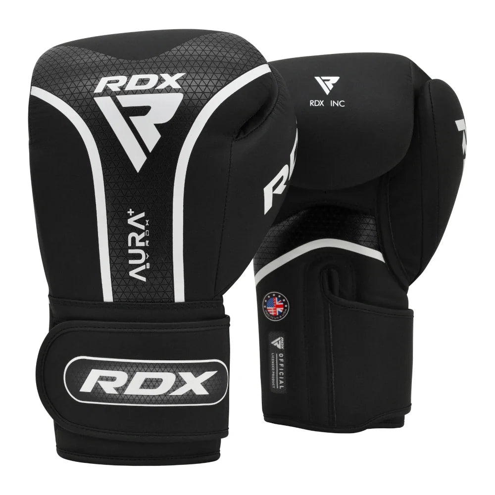 Black boxing gloves with RDX branding on a white background