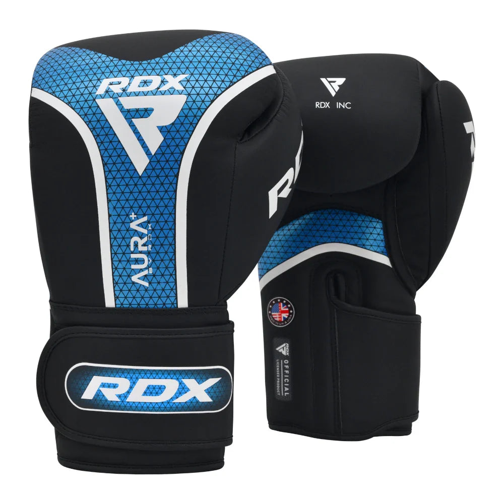 Pair of black and blue RDX boxing gloves on a white background