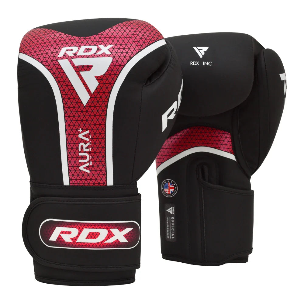 Black and red RDX boxing gloves on a white background